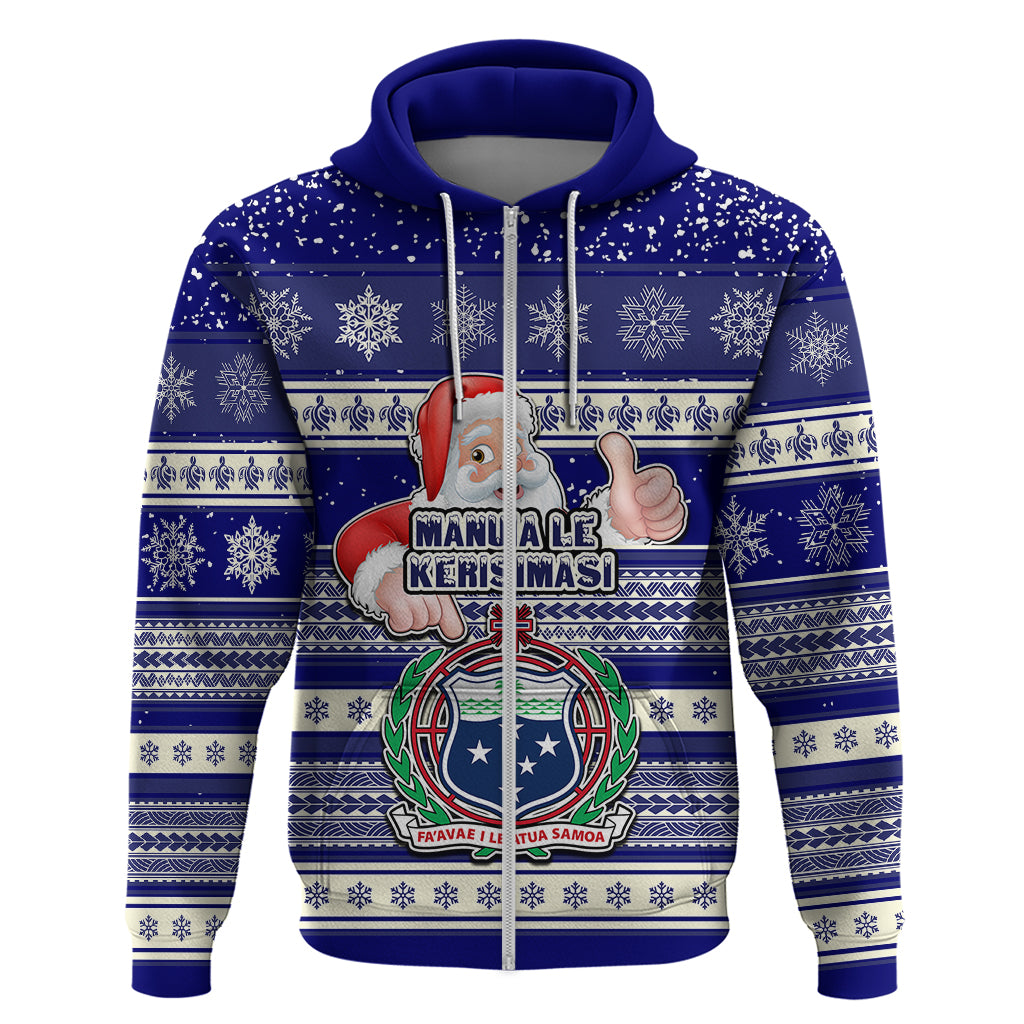 Custom Samoa Christmas Hoodie The Santa Coat of Arms with Samoa Bracelet Pattern LT03 Zip Hoodie Blue - Polynesian Pride
