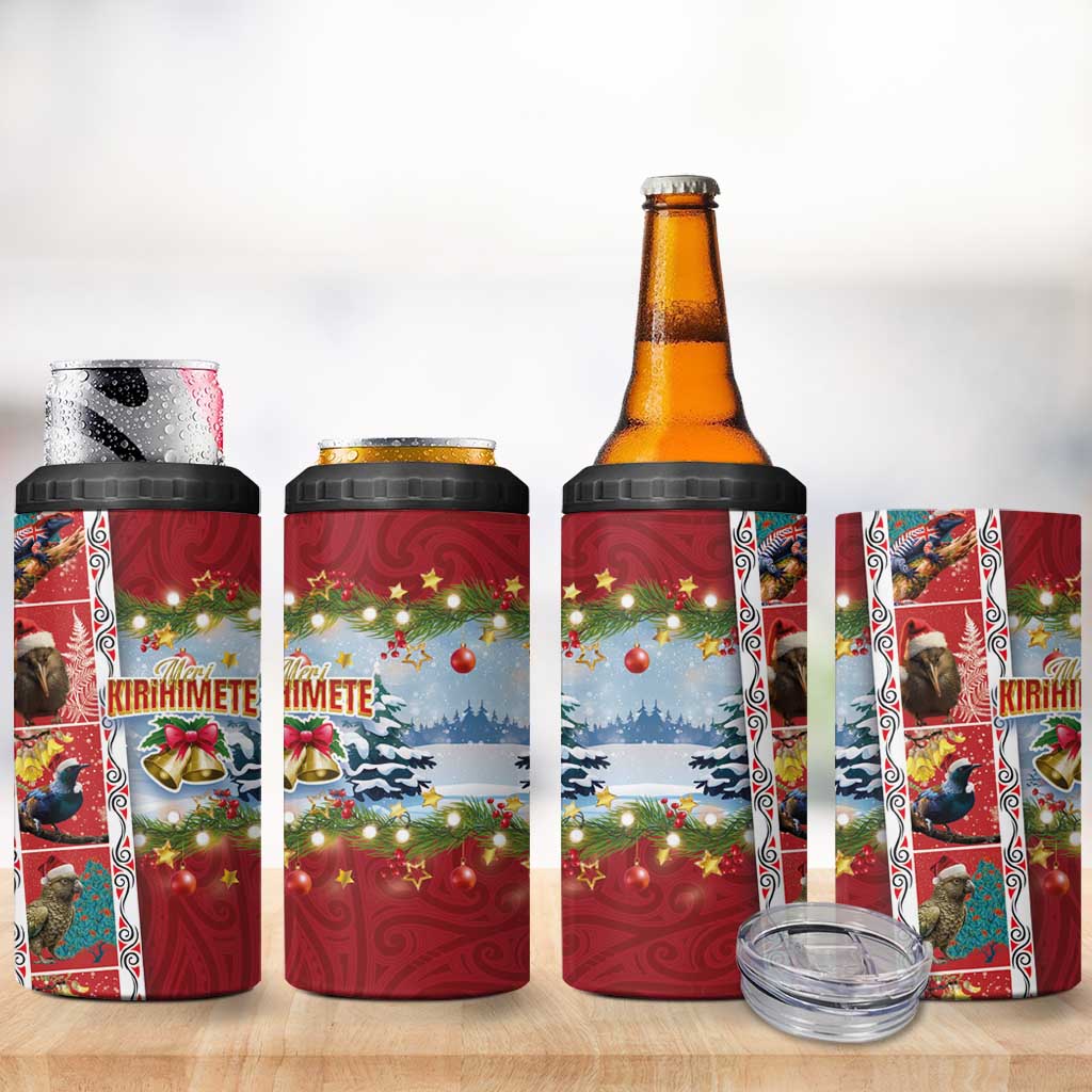New Zealand Merry Christmas 4 in 1 Can Cooler Tumbler Maori Animals Xmas Style and Koru Tattoo Red Color