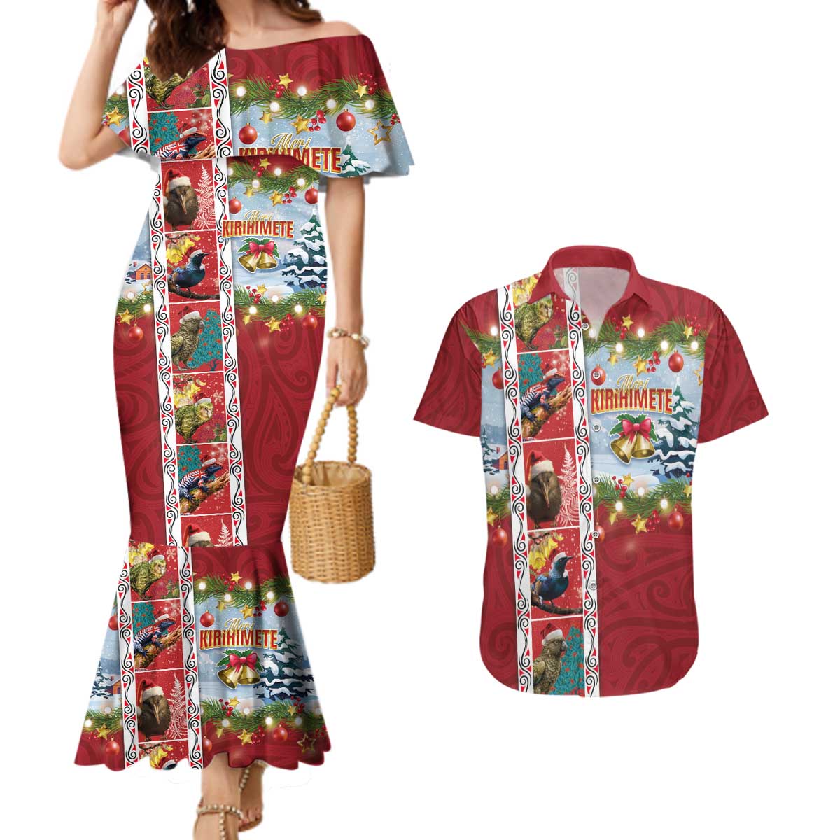 New Zealand Merry Christmas Couples Matching Mermaid Dress and Hawaiian Shirt Maori Animals, Koru Tattoo - Red Xmas Style