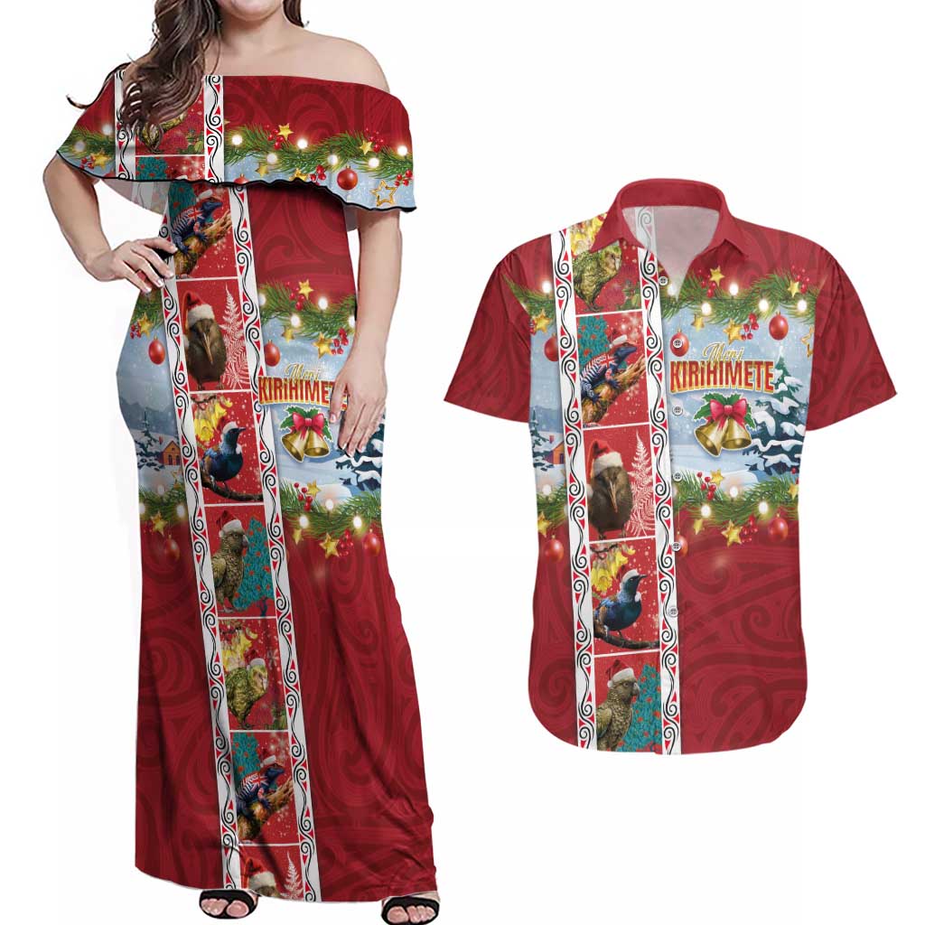New Zealand Merry Christmas Couples Matching Off Shoulder Maxi Dress and Hawaiian Shirt Maori Animals, Koru Tattoo - Red Xmas Style LT03 Red - Polynesian Pride