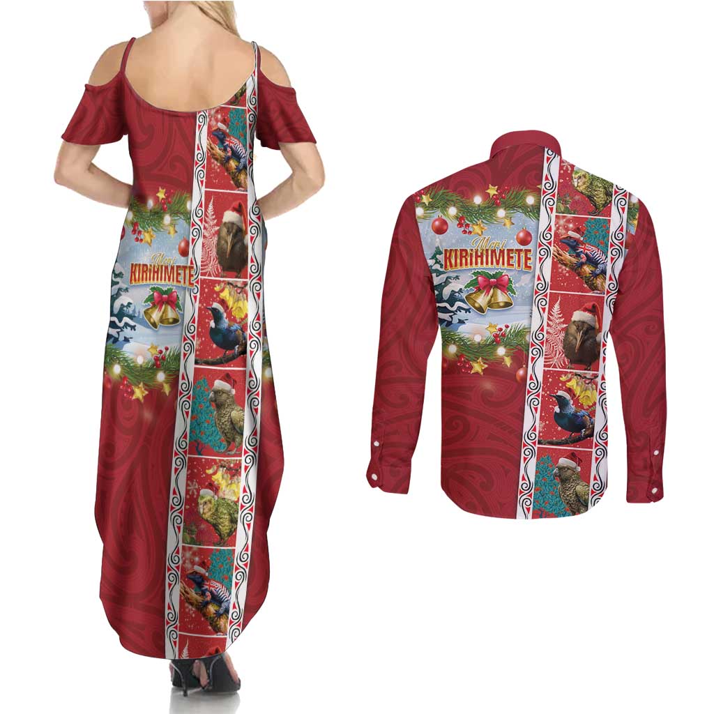 New Zealand Merry Christmas Couples Matching Summer Maxi Dress and Long Sleeve Button Shirt Maori Animals, Koru Tattoo - Red Xmas Style