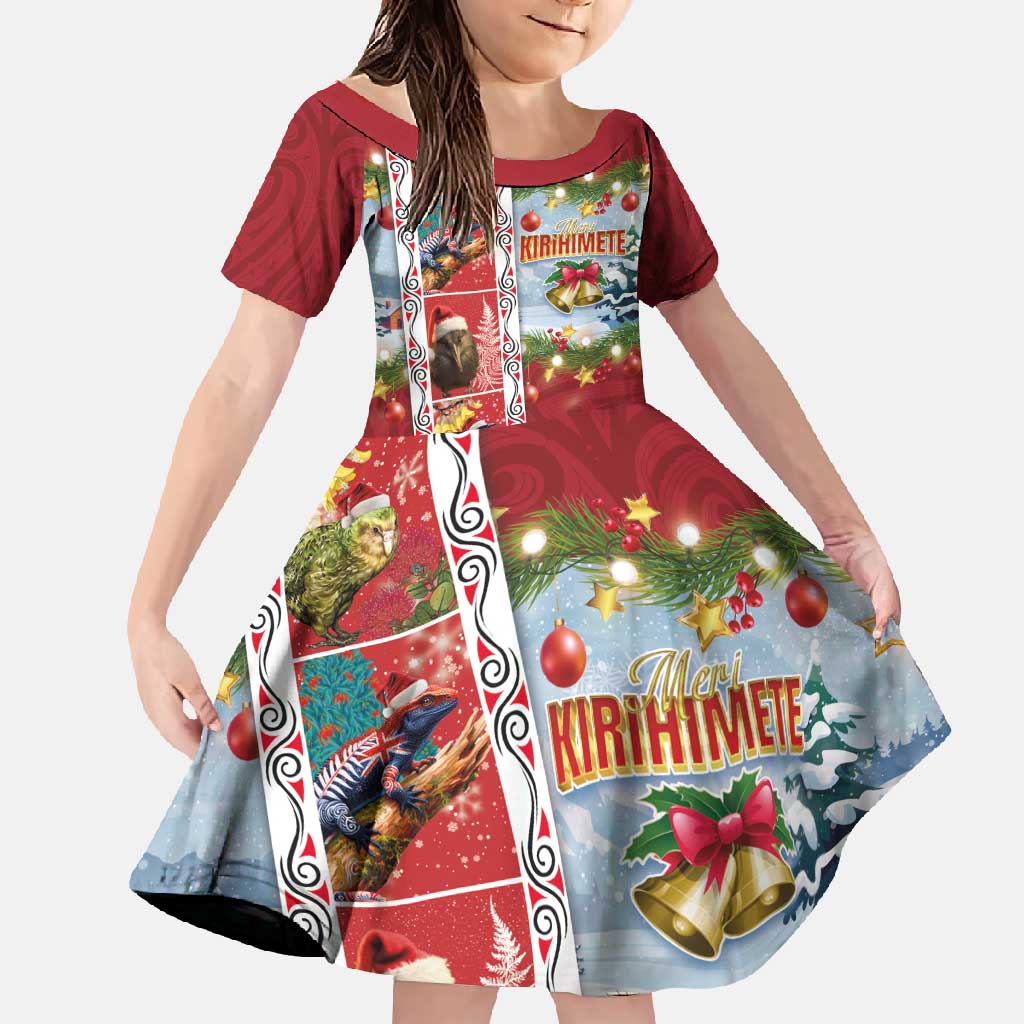 New Zealand Merry Christmas Family Matching Long Sleeve Bodycon Dress and Hawaiian Shirt Maori Animals, Koru Tattoo - Red Xmas Style LT03 Daughter's Dress Red - Polynesian Pride