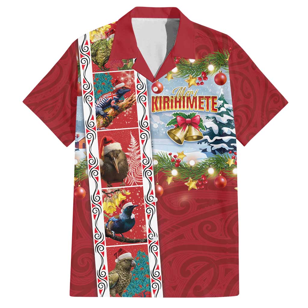 New Zealand Merry Christmas Family Matching Off Shoulder Maxi Dress and Hawaiian Shirt Maori Animals, Koru Tattoo - Red Xmas Style LT03 Dad's Shirt - Short Sleeve Red - Polynesian Pride