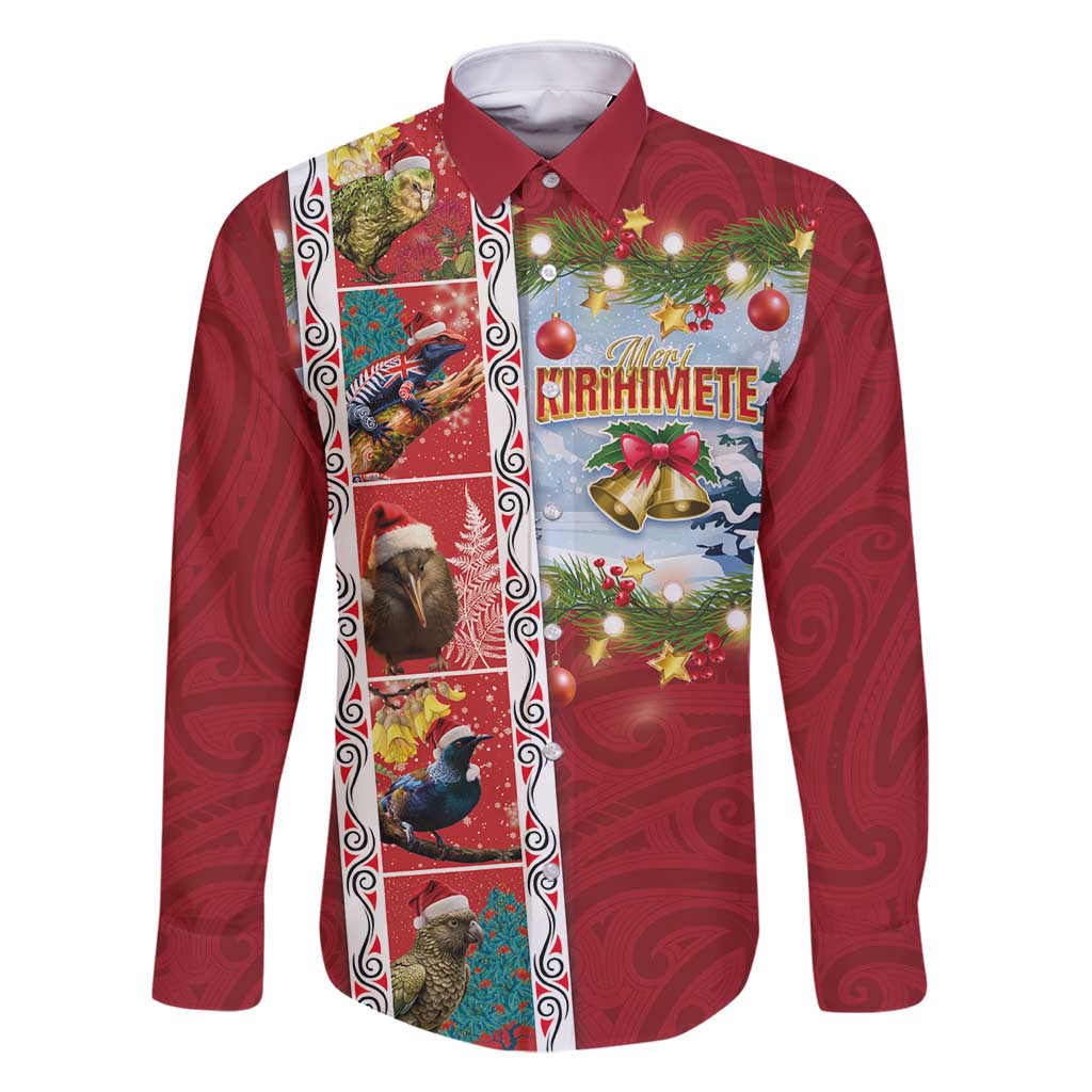 New Zealand Merry Christmas Family Matching Off Shoulder Maxi Dress and Hawaiian Shirt Maori Animals, Koru Tattoo - Red Xmas Style LT03 Dad's Shirt - Long Sleeve Red - Polynesian Pride