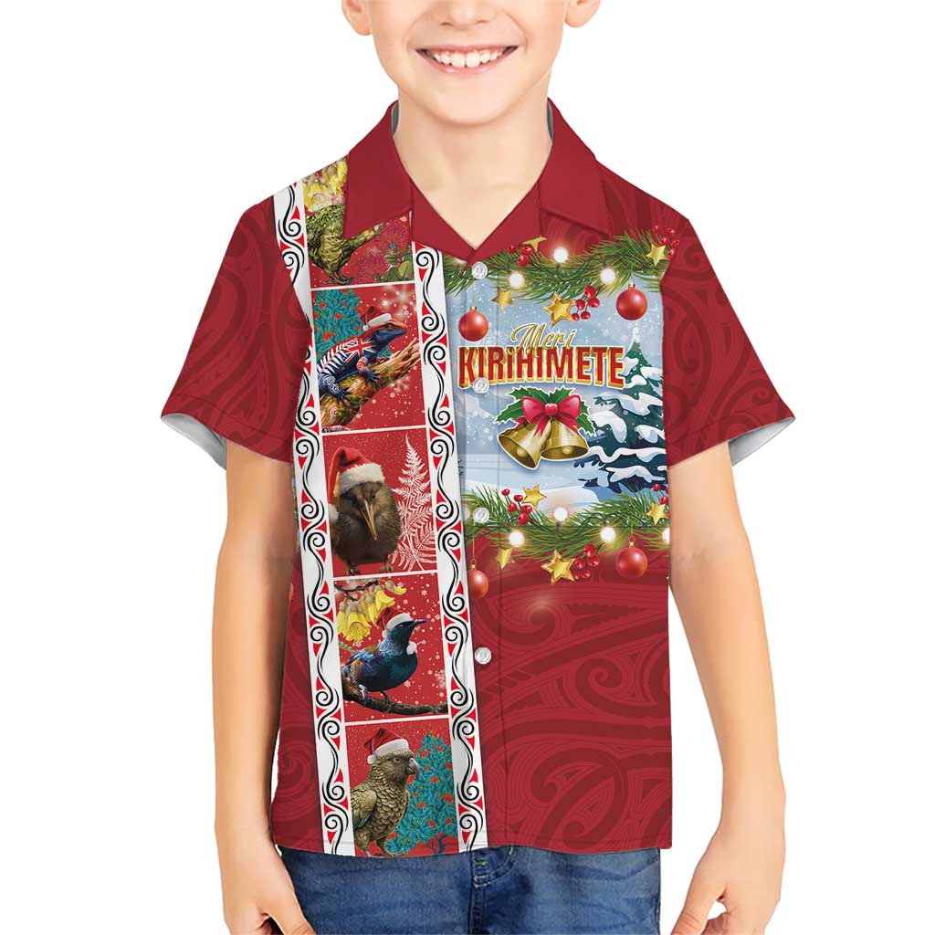 New Zealand Merry Christmas Family Matching Short Sleeve Bodycon Dress and Hawaiian Shirt Maori Animals, Koru Tattoo - Red Xmas Style LT03 Son's Shirt Red - Polynesian Pride
