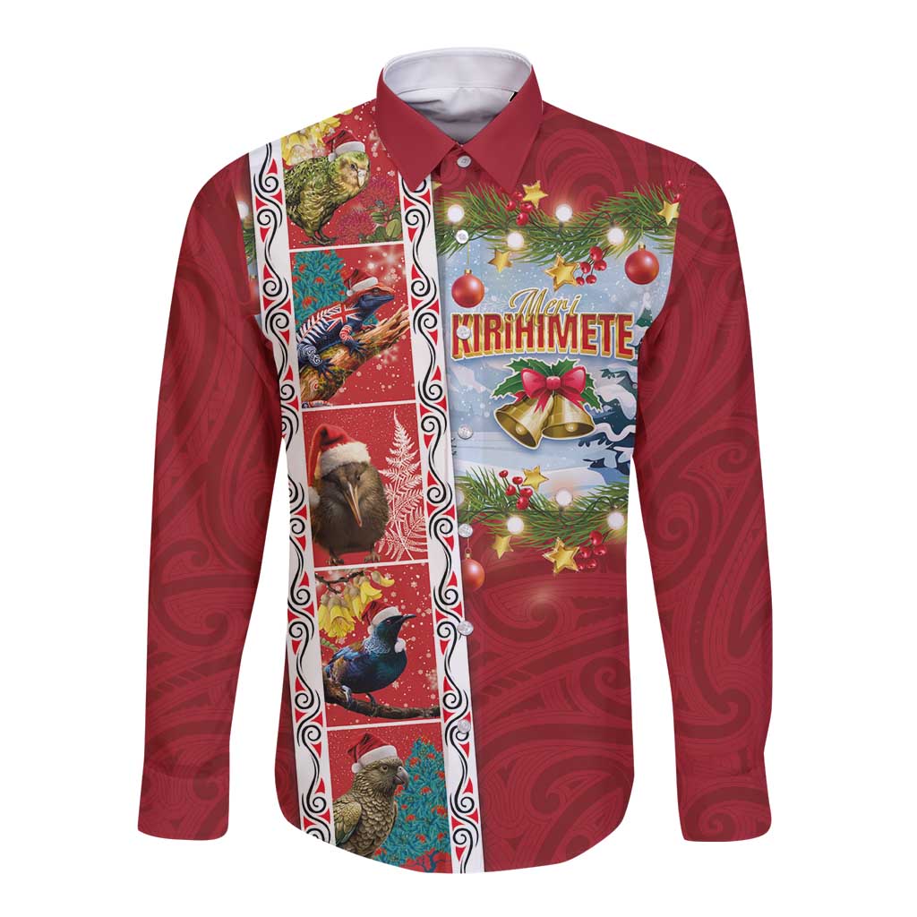 New Zealand Merry Christmas Long Sleeve Button Shirt Maori Animals, Koru Tattoo - Red Xmas Style LT03 Unisex Red - Polynesian Pride