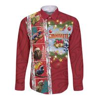 New Zealand Merry Christmas Long Sleeve Button Shirt Maori Animals, Koru Tattoo - Red Xmas Style LT03 Unisex Red - Polynesian Pride