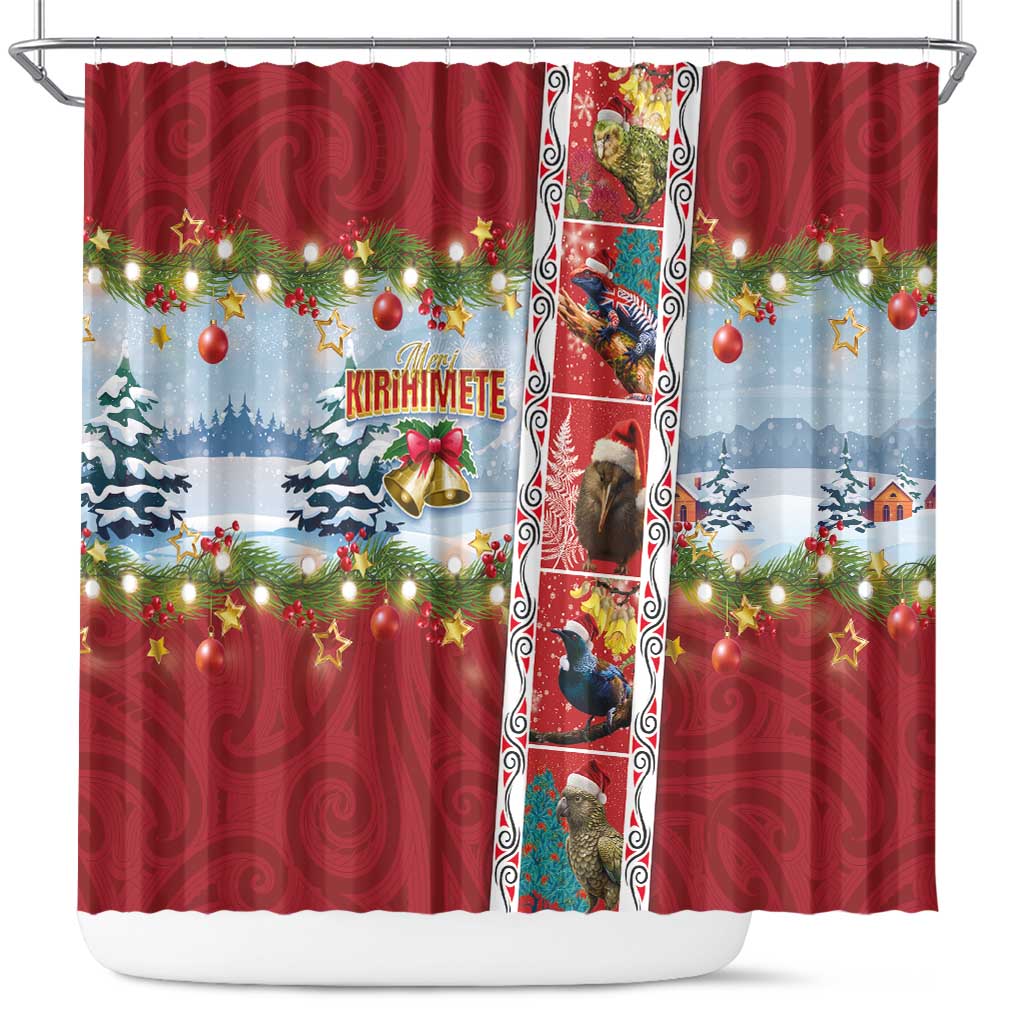 New Zealand Merry Christmas Shower Curtain Maori Animals, Koru Tattoo - Red Xmas Style LT03 Red - Polynesian Pride