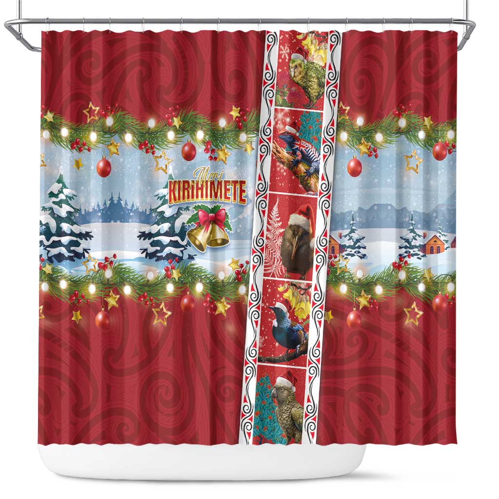 New Zealand Merry Christmas Shower Curtain Maori Animals, Koru Tattoo - Red Xmas Style