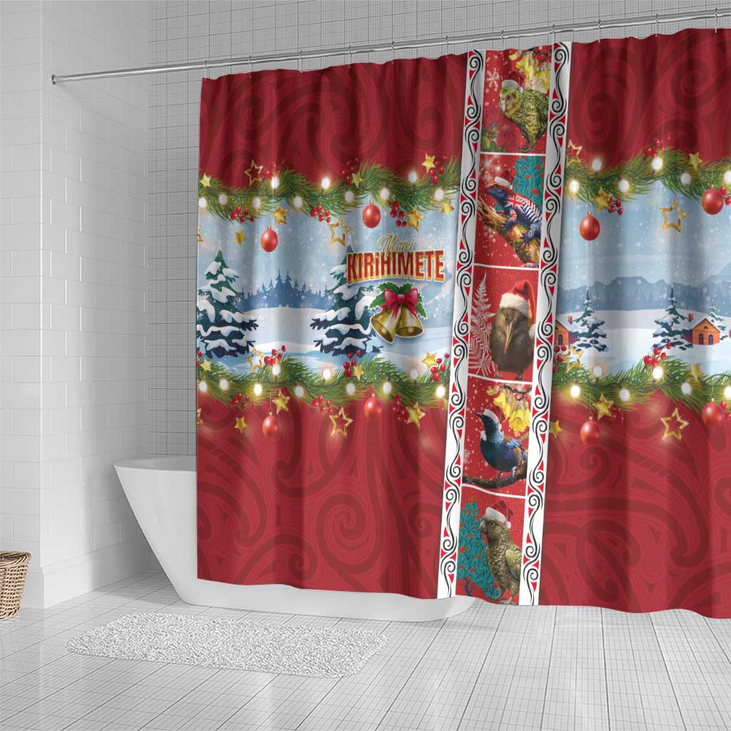New Zealand Merry Christmas Shower Curtain Maori Animals, Koru Tattoo - Red Xmas Style LT03 - Polynesian Pride