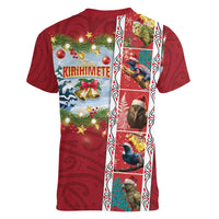 New Zealand Merry Christmas Women V-Neck T-Shirt Maori Animals, Koru Tattoo - Red Xmas Style LT03 - Polynesian Pride