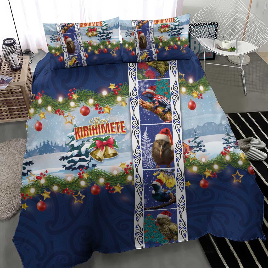 New Zealand Merry Christmas Bedding Set Maori Animals, Koru Tattoo - Blue Xmas Style