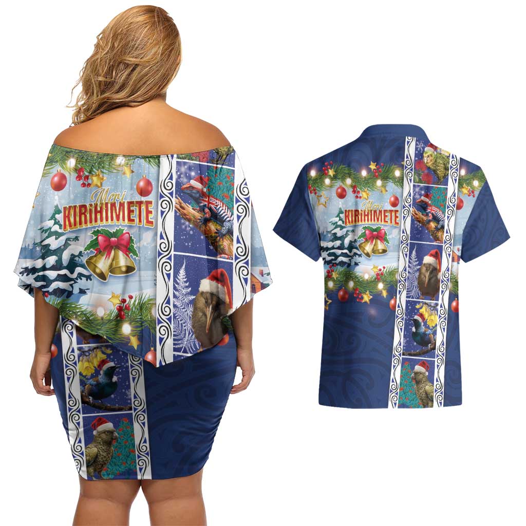New Zealand Merry Christmas Couples Matching Off Shoulder Short Dress and Hawaiian Shirt Maori Animals, Koru Tattoo - Blue Xmas Style LT03 - Polynesian Pride