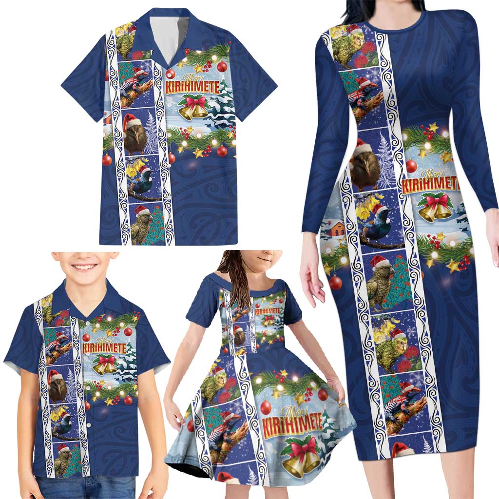 New Zealand Merry Christmas Family Matching Long Sleeve Bodycon Dress and Hawaiian Shirt Maori Animals, Koru Tattoo - Blue Xmas Style LT03 - Polynesian Pride