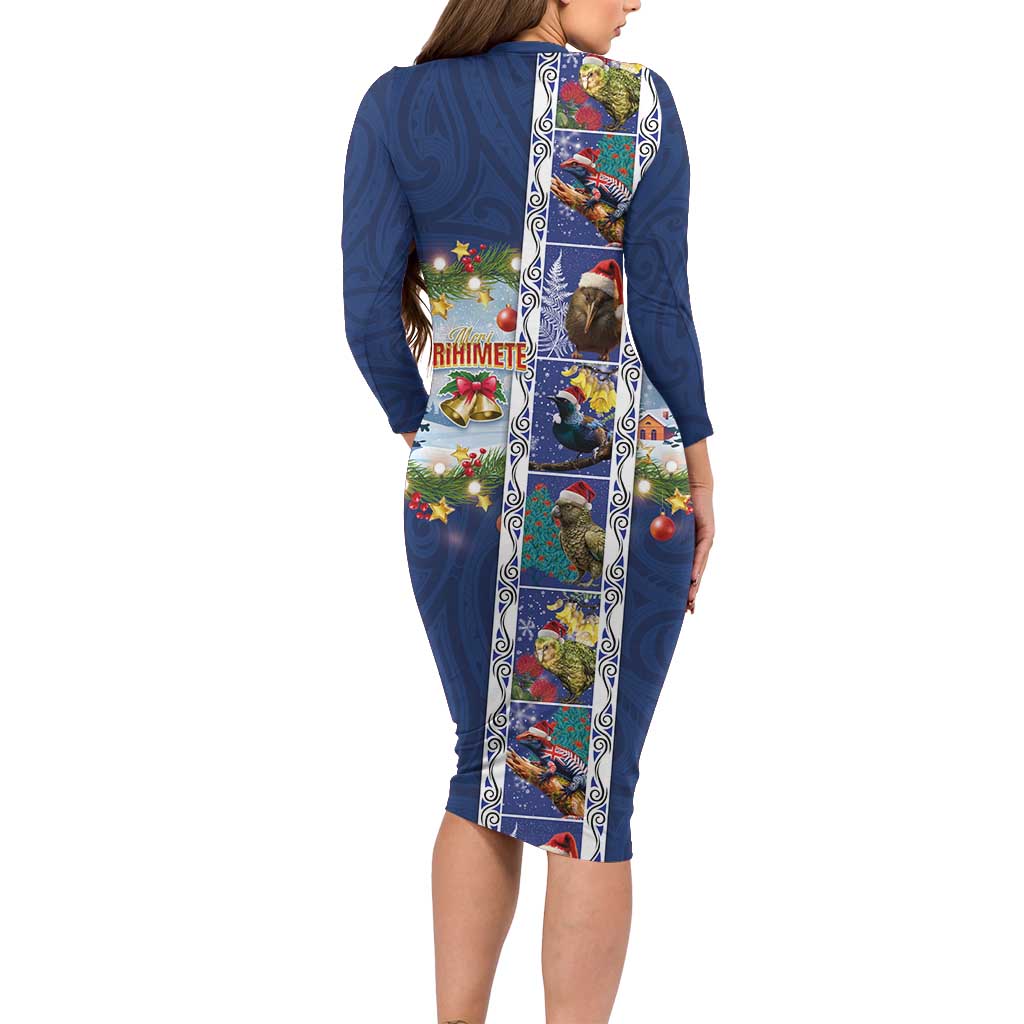 New Zealand Merry Christmas Family Matching Long Sleeve Bodycon Dress and Hawaiian Shirt Maori Animals, Koru Tattoo - Blue Xmas Style LT03 - Polynesian Pride