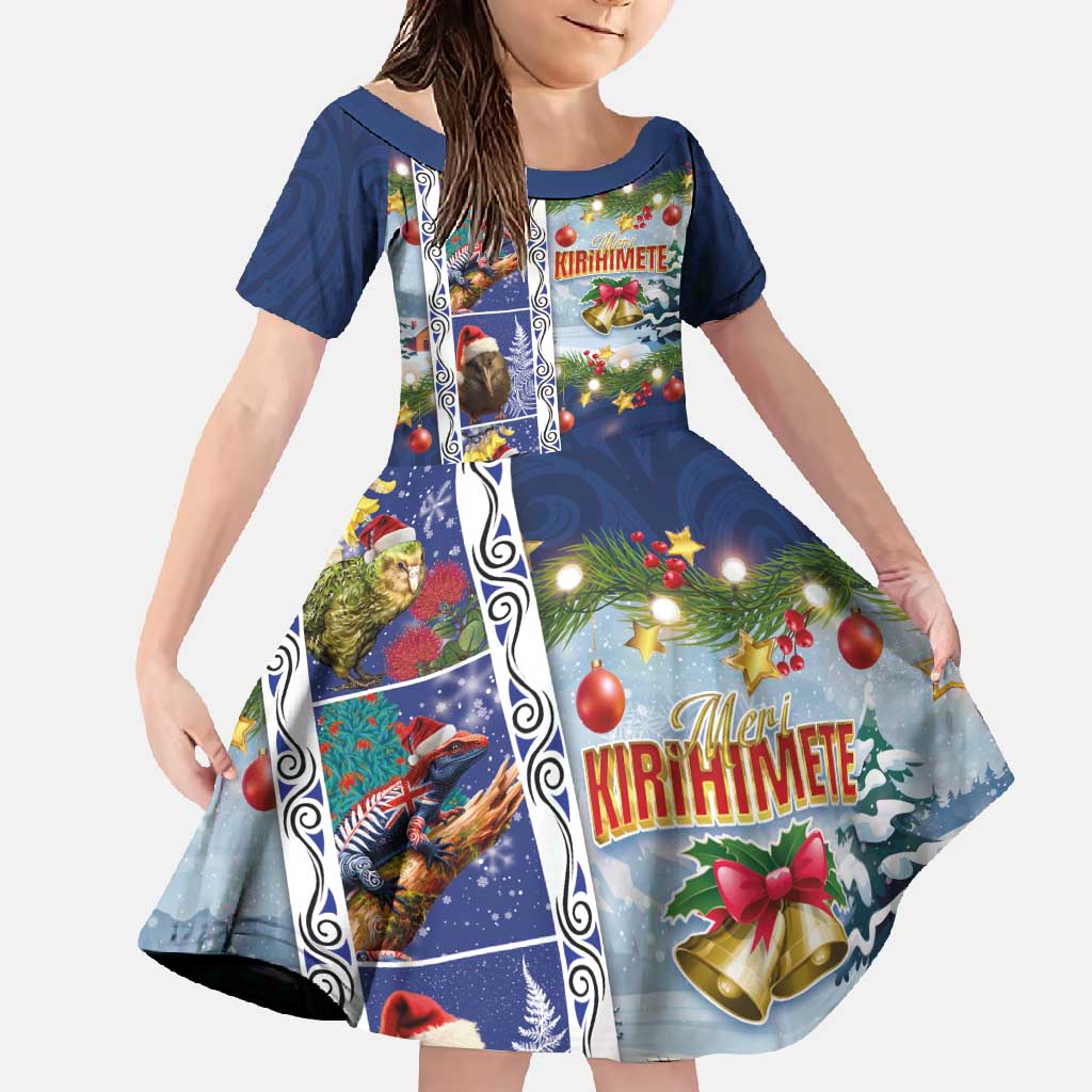New Zealand Merry Christmas Family Matching Off Shoulder Maxi Dress and Hawaiian Shirt Maori Animals, Koru Tattoo - Blue Xmas Style LT03 Daughter's Dress Blue - Polynesian Pride