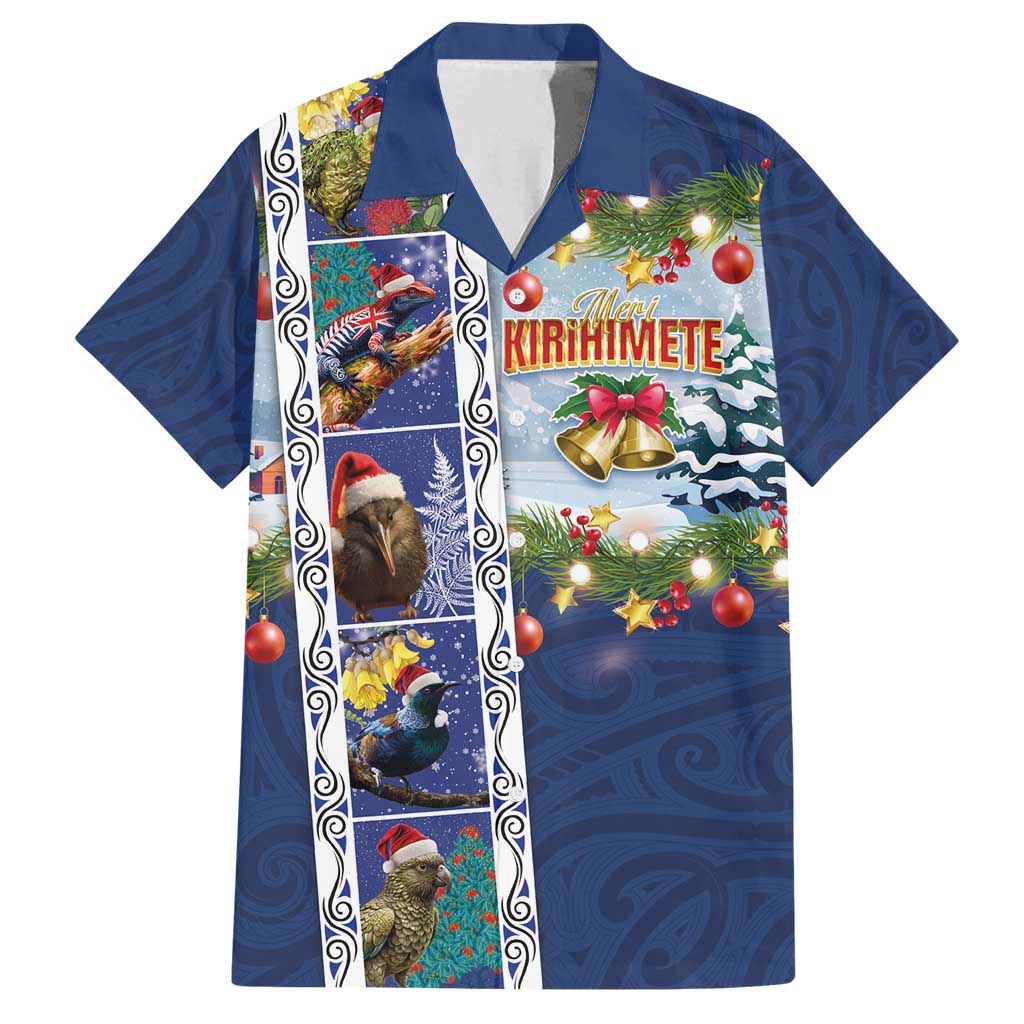 New Zealand Merry Christmas Family Matching Off Shoulder Short Dress and Hawaiian Shirt Maori Animals, Koru Tattoo - Blue Xmas Style LT03 Dad's Shirt - Short Sleeve Blue - Polynesian Pride
