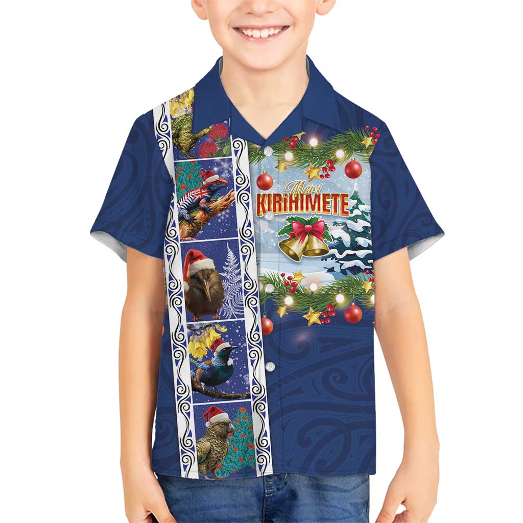 New Zealand Merry Christmas Family Matching Puletasi and Hawaiian Shirt Maori Animals, Koru Tattoo - Blue Xmas Style LT03 Son's Shirt Blue - Polynesian Pride