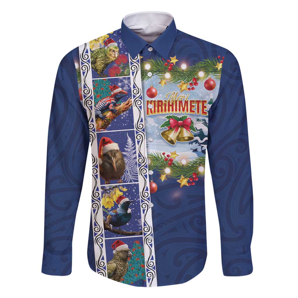 New Zealand Merry Christmas Family Matching Short Sleeve Bodycon Dress and Hawaiian Shirt Maori Animals, Koru Tattoo - Blue Xmas Style LT03 Dad's Shirt - Long Sleeve Blue - Polynesian Pride