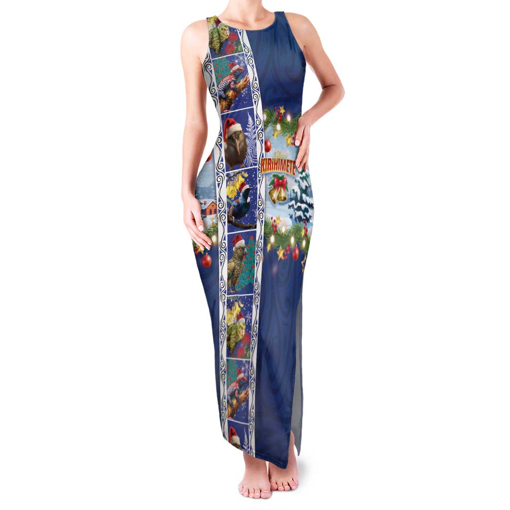 New Zealand Merry Christmas Family Matching Tank Maxi Dress and Hawaiian Shirt Maori Animals, Koru Tattoo - Blue Xmas Style LT03 Mom's Dress Blue - Polynesian Pride