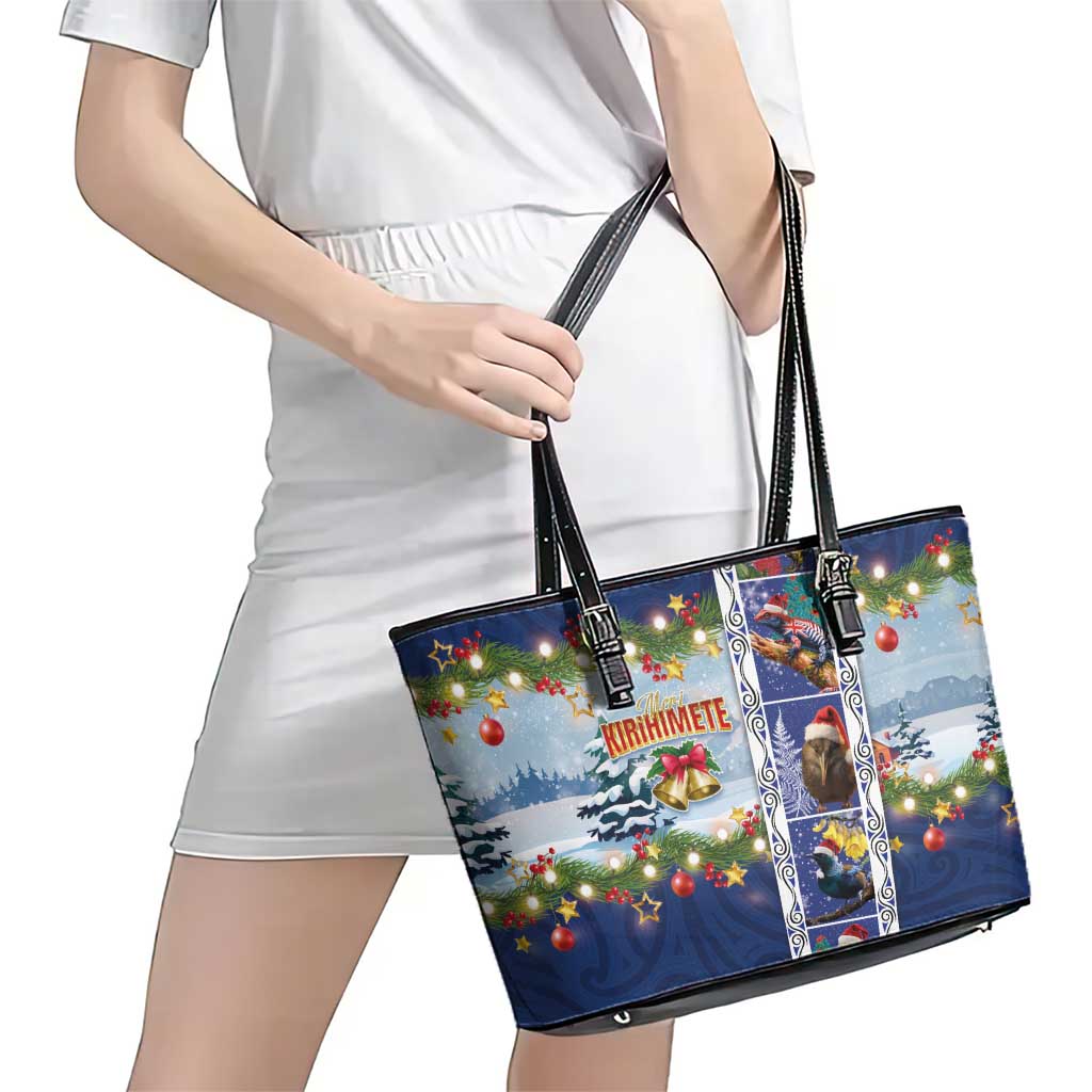 New Zealand Merry Christmas Leather Tote Bag Maori Animals, Koru Tattoo - Blue Xmas Style LT03 - Polynesian Pride