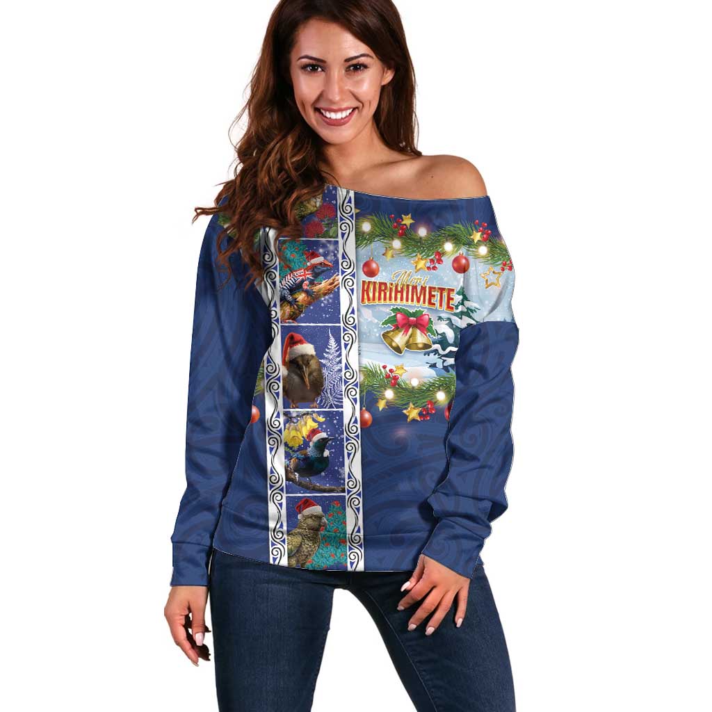 New Zealand Merry Christmas Off Shoulder Sweater Maori Animals, Koru Tattoo - Blue Xmas Style