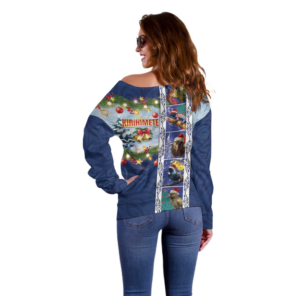 New Zealand Merry Christmas Off Shoulder Sweater Maori Animals, Koru Tattoo - Blue Xmas Style