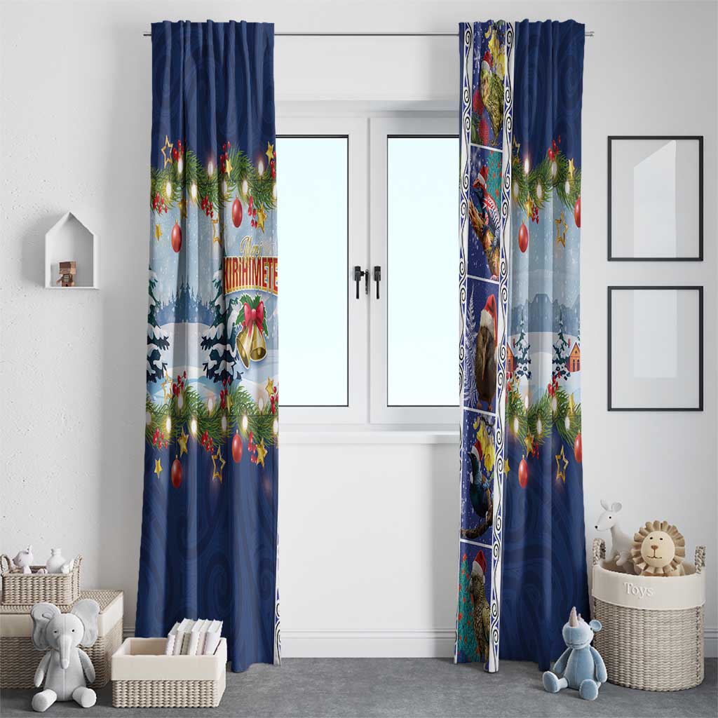 New Zealand Merry Christmas Window Curtain Maori Animals, Koru Tattoo - Blue Xmas Style