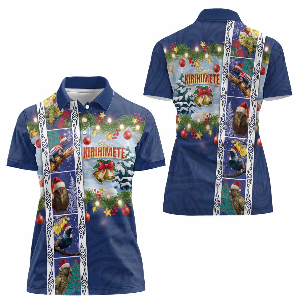 New Zealand Merry Christmas Women Polo Shirt Maori Animals, Koru Tattoo - Blue Xmas Style