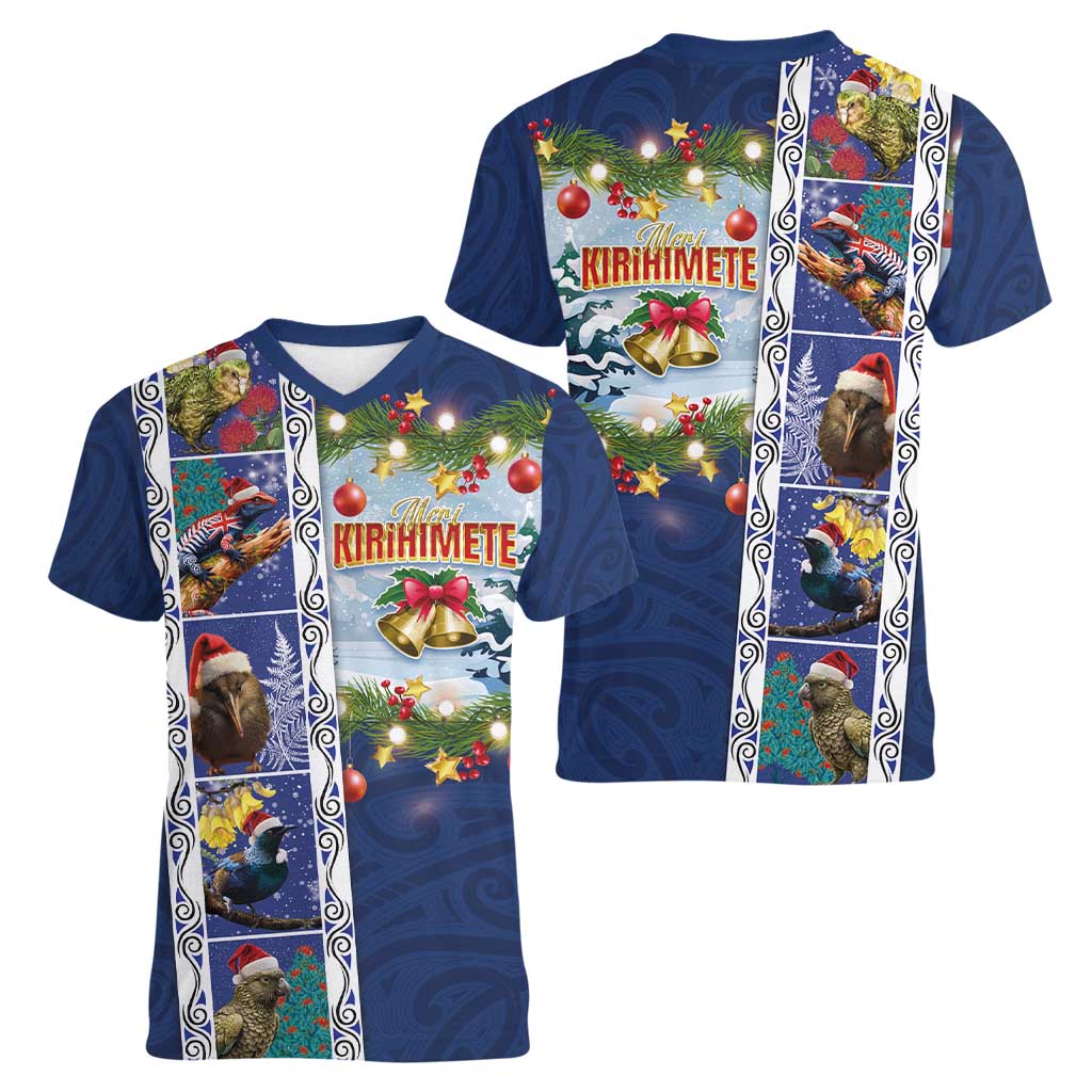 New Zealand Merry Christmas Women V-Neck T-Shirt Maori Animals, Koru Tattoo - Blue Xmas Style LT03 - Polynesian Pride