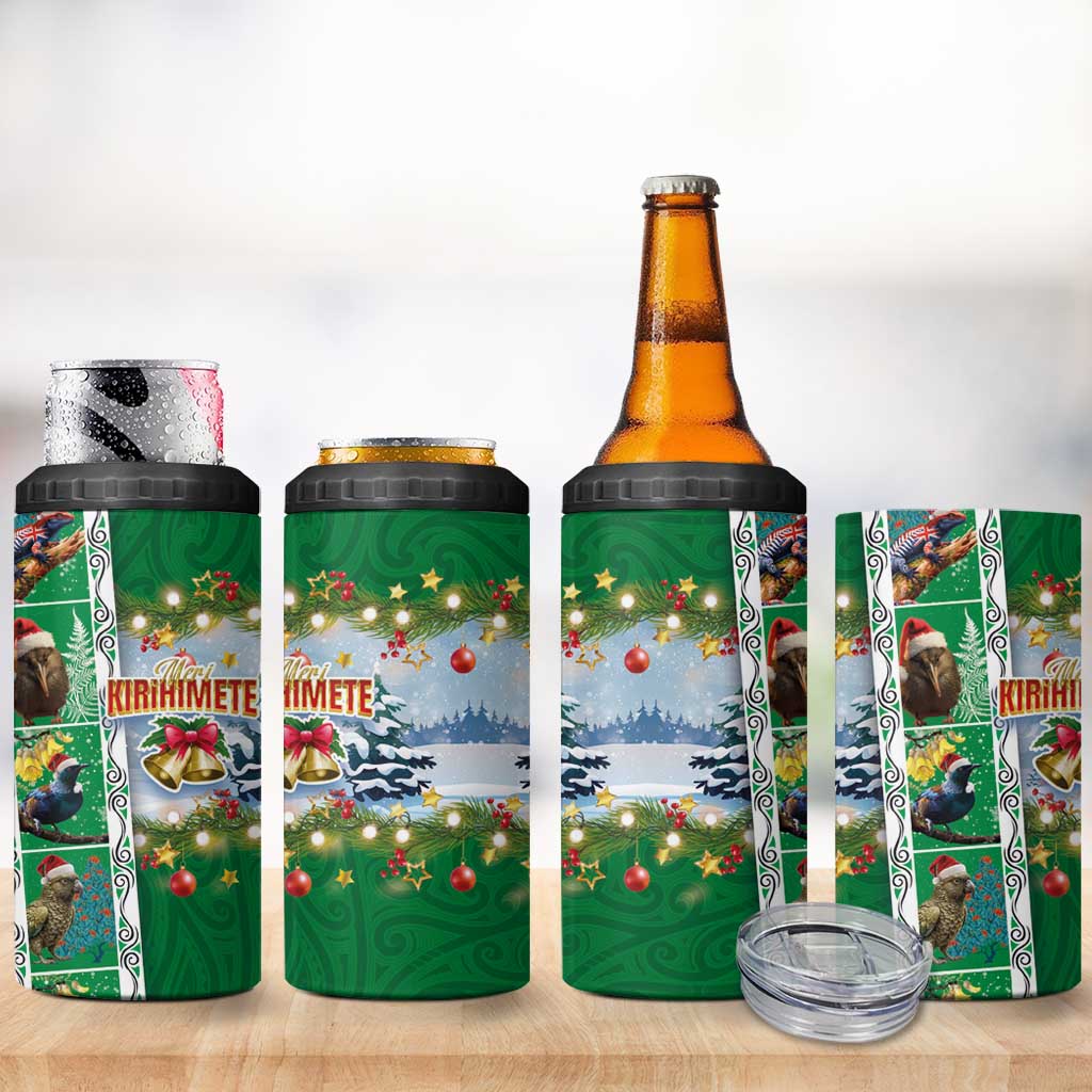 New Zealand Merry Christmas 4 in 1 Can Cooler Tumbler Maori Animals Xmas Style and Koru Tattoo Green Color