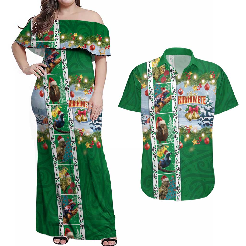 New Zealand Merry Christmas Couples Matching Off Shoulder Maxi Dress and Hawaiian Shirt Maori Animals, Koru Tattoo - Green Xmas Style LT03 Green - Polynesian Pride