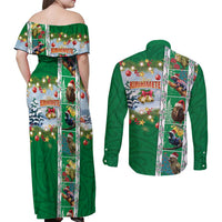 New Zealand Merry Christmas Couples Matching Off Shoulder Maxi Dress and Long Sleeve Button Shirt Maori Animals, Koru Tattoo - Green Xmas Style