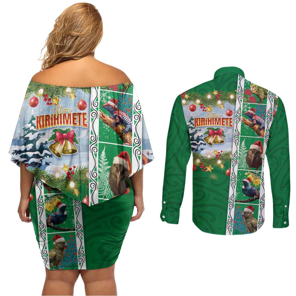 New Zealand Merry Christmas Couples Matching Off Shoulder Short Dress and Long Sleeve Button Shirt Maori Animals, Koru Tattoo - Green Xmas Style