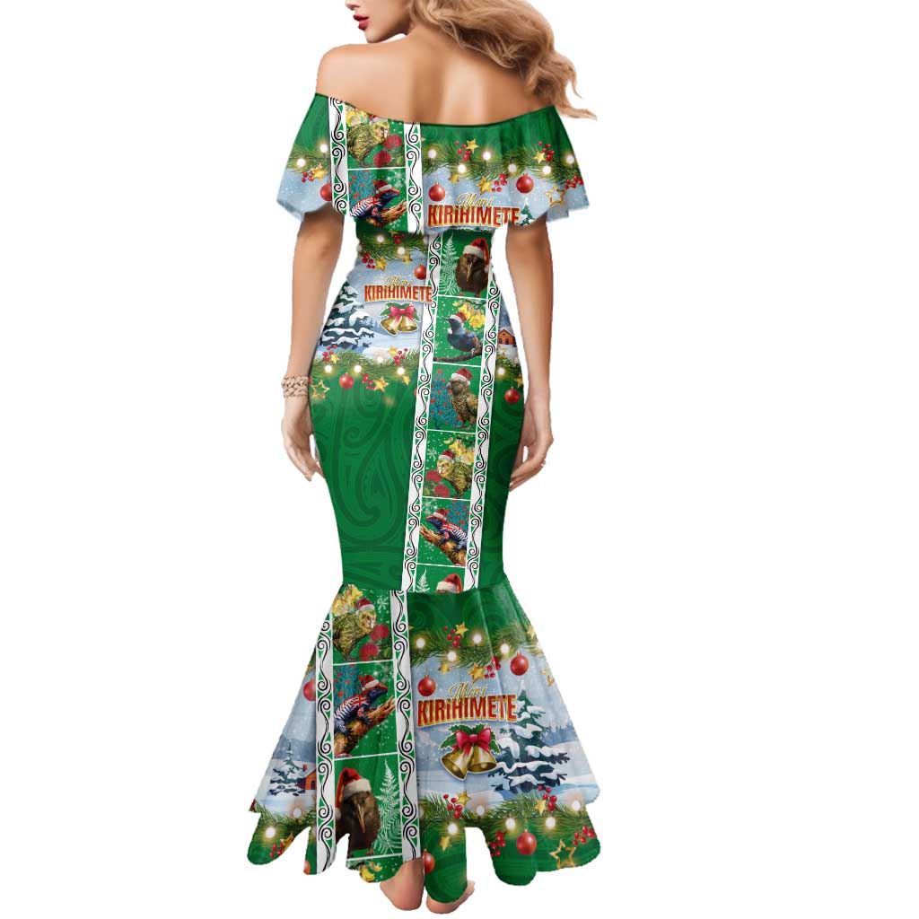 New Zealand Merry Christmas Family Matching Mermaid Dress and Hawaiian Shirt Maori Animals, Koru Tattoo - Green Xmas Style LT03 - Polynesian Pride