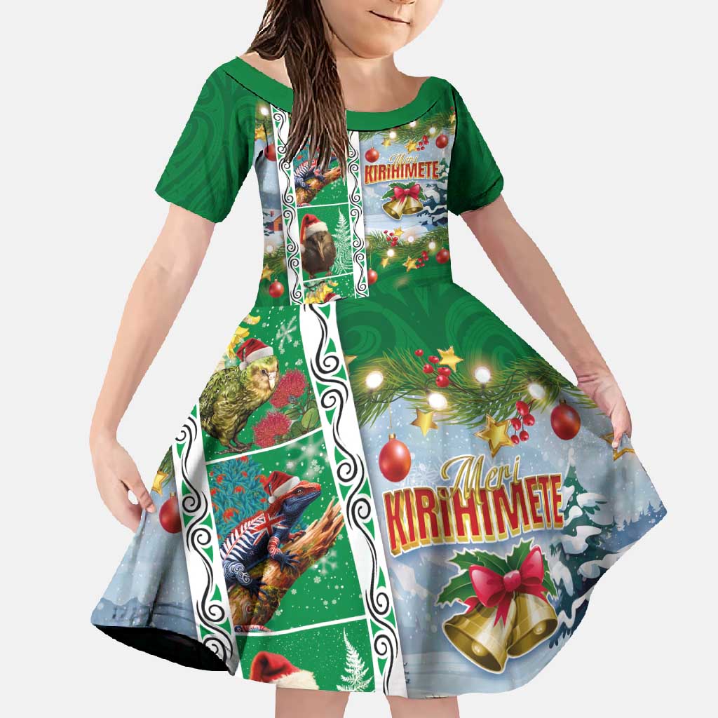 New Zealand Merry Christmas Family Matching Off Shoulder Maxi Dress and Hawaiian Shirt Maori Animals, Koru Tattoo - Green Xmas Style LT03 Daughter's Dress Green - Polynesian Pride