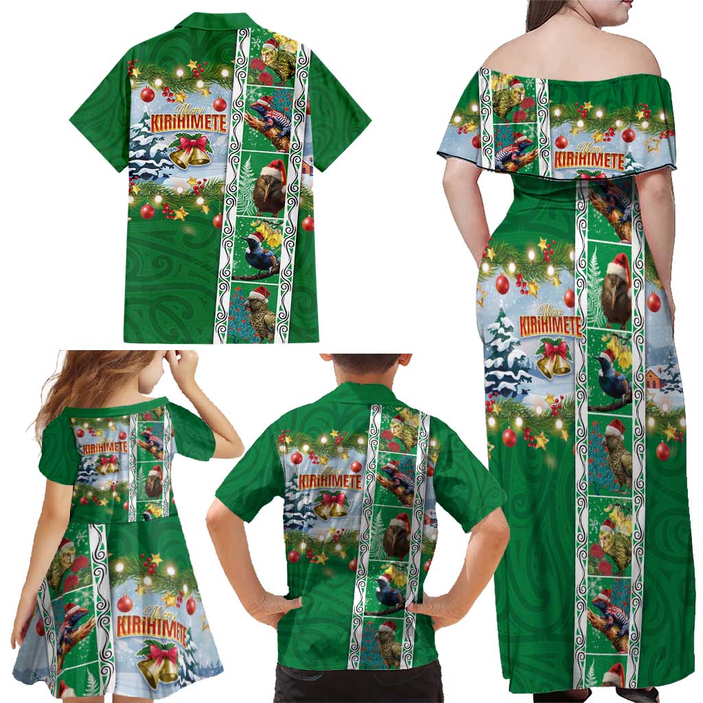 New Zealand Merry Christmas Family Matching Off Shoulder Maxi Dress and Hawaiian Shirt Maori Animals, Koru Tattoo - Green Xmas Style LT03 - Polynesian Pride