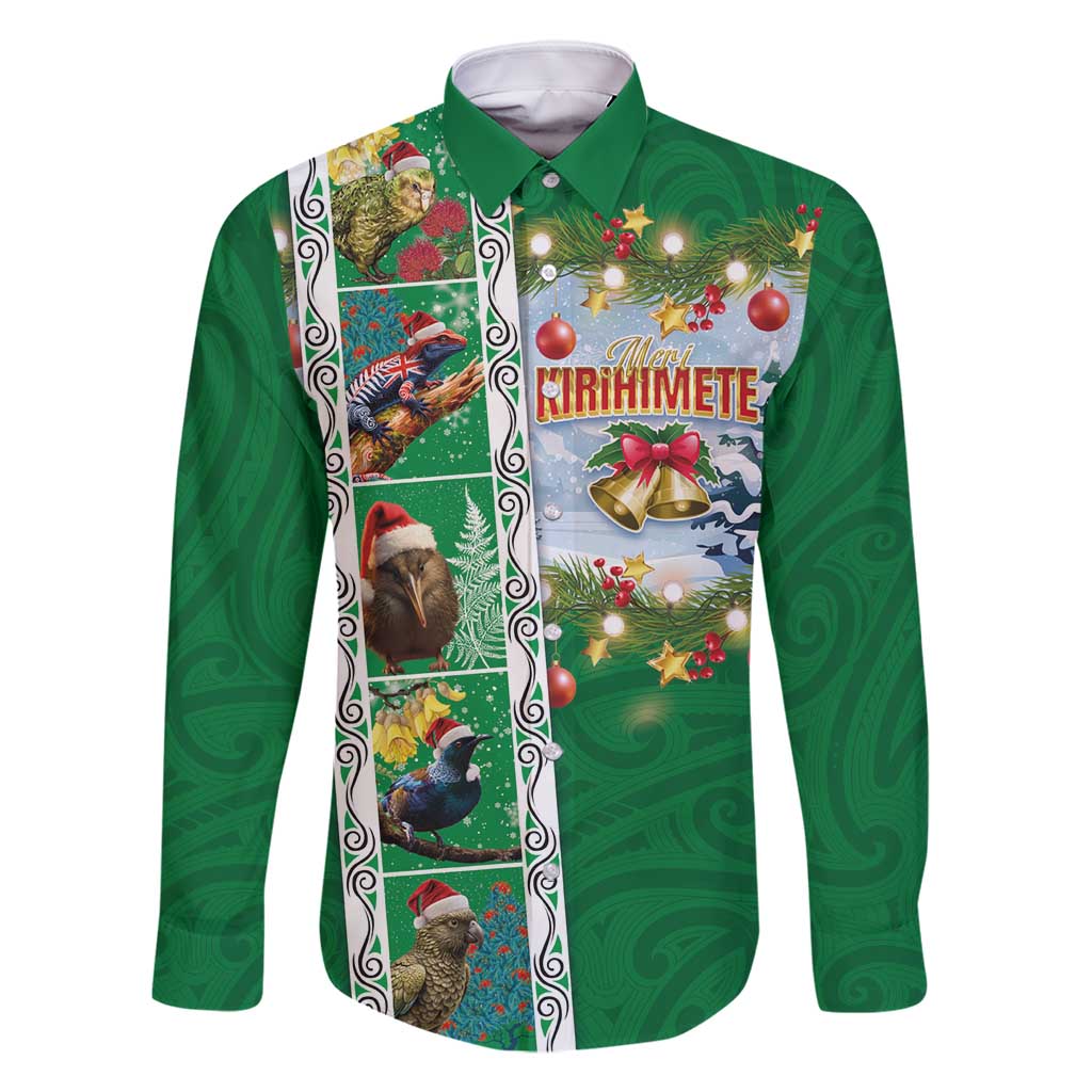 New Zealand Merry Christmas Family Matching Off Shoulder Maxi Dress and Hawaiian Shirt Maori Animals, Koru Tattoo - Green Xmas Style LT03 Dad's Shirt - Long Sleeve Green - Polynesian Pride