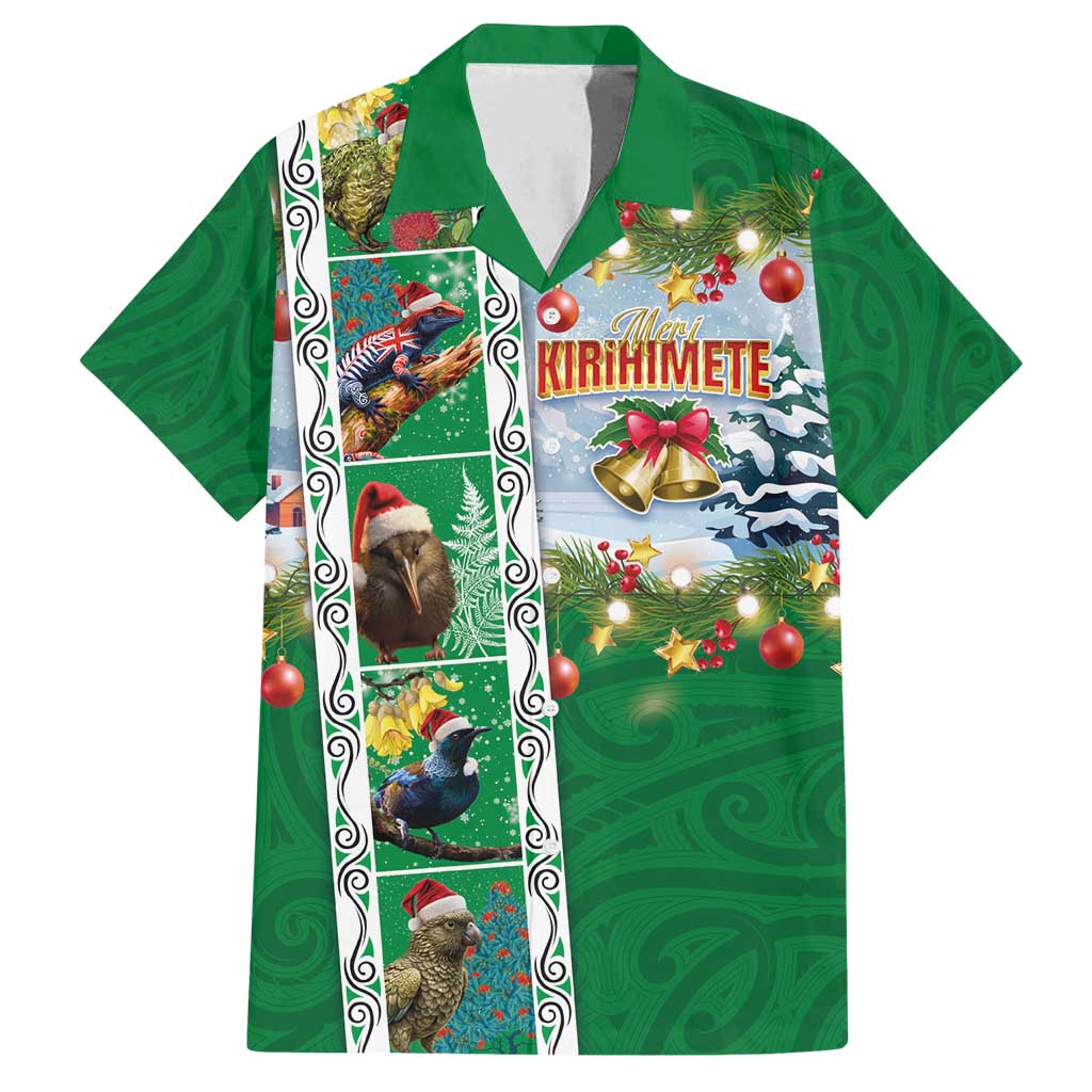 New Zealand Merry Christmas Family Matching Off Shoulder Short Dress and Hawaiian Shirt Maori Animals, Koru Tattoo - Green Xmas Style LT03 Dad's Shirt - Short Sleeve Green - Polynesian Pride