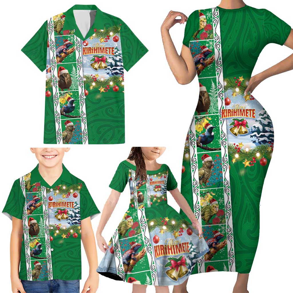 New Zealand Merry Christmas Family Matching Short Sleeve Bodycon Dress and Hawaiian Shirt Maori Animals, Koru Tattoo - Green Xmas Style LT03 - Polynesian Pride