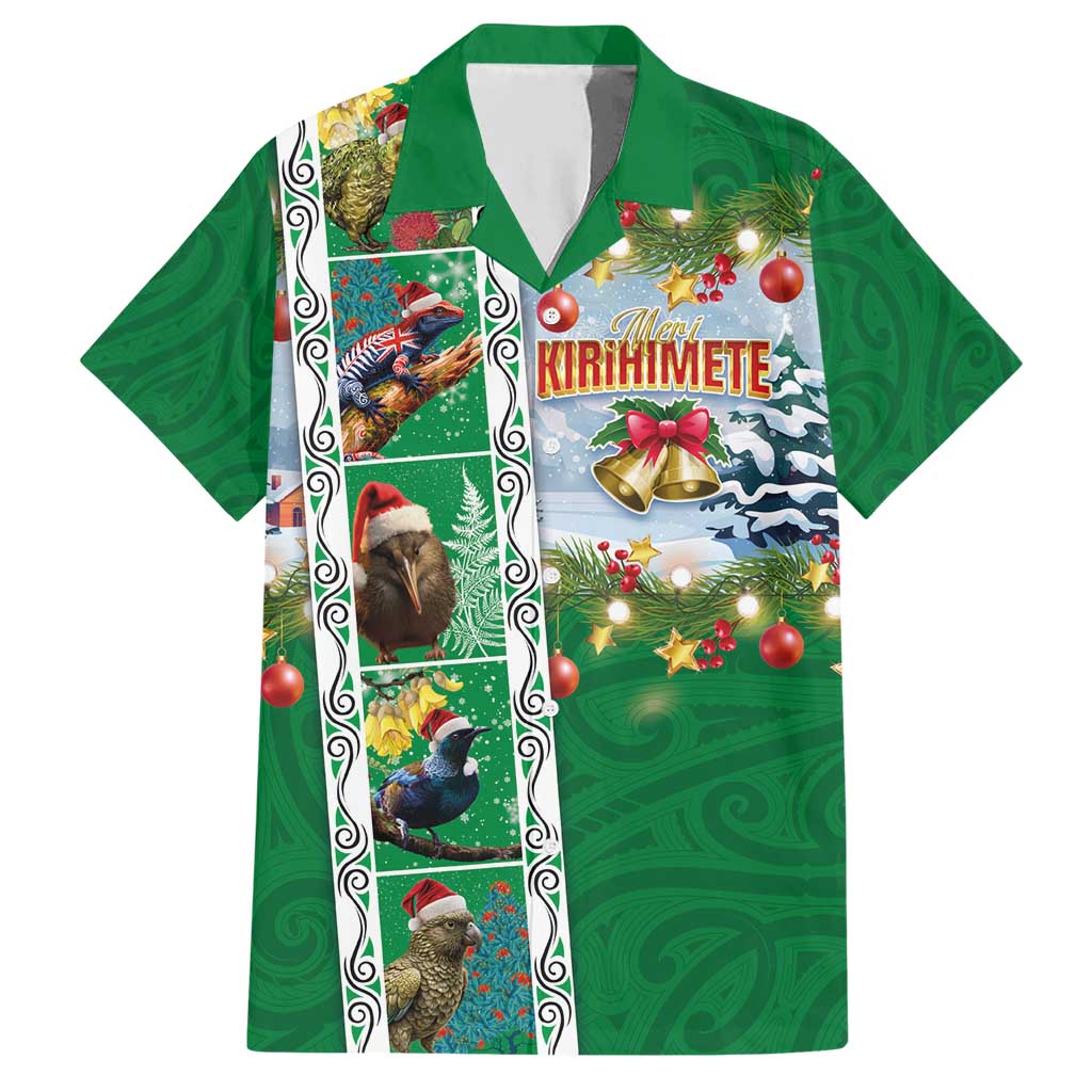 New Zealand Merry Christmas Family Matching Short Sleeve Bodycon Dress and Hawaiian Shirt Maori Animals, Koru Tattoo - Green Xmas Style LT03 Dad's Shirt - Short Sleeve Green - Polynesian Pride