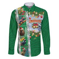 New Zealand Merry Christmas Family Matching Short Sleeve Bodycon Dress and Hawaiian Shirt Maori Animals, Koru Tattoo - Green Xmas Style LT03 Dad's Shirt - Long Sleeve Green - Polynesian Pride