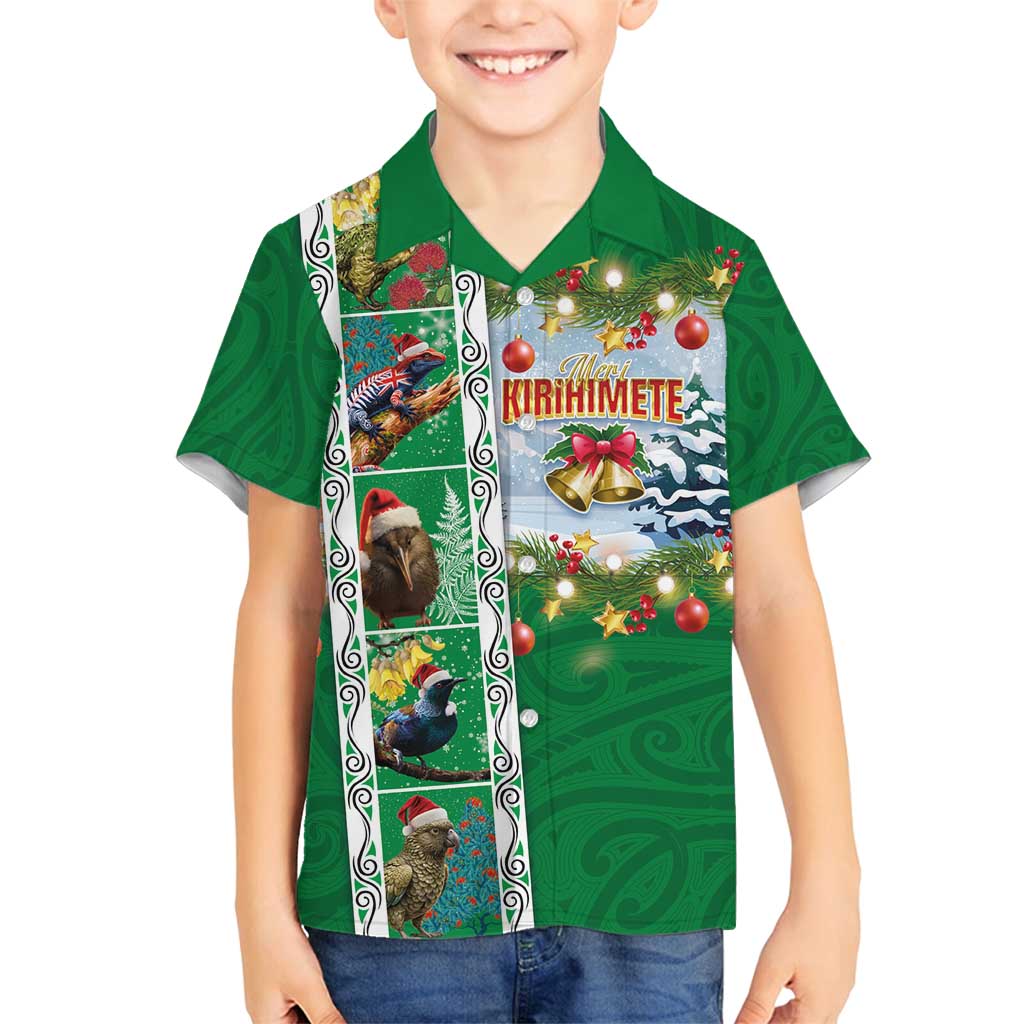 New Zealand Merry Christmas Family Matching Summer Maxi Dress and Hawaiian Shirt Maori Animals, Koru Tattoo - Green Xmas Style LT03 Son's Shirt Green - Polynesian Pride