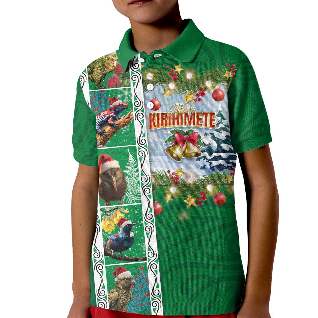 New Zealand Merry Christmas Kid Polo Shirt Maori Animals, Koru Tattoo - Green Xmas Style LT03 Kid Green - Polynesian Pride