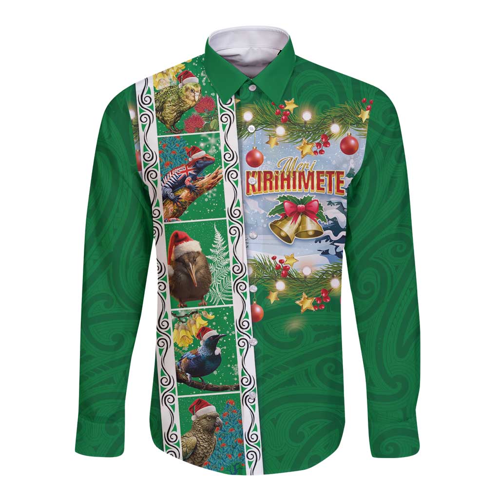 New Zealand Merry Christmas Long Sleeve Button Shirt Maori Animals, Koru Tattoo - Green Xmas Style LT03 Unisex Green - Polynesian Pride
