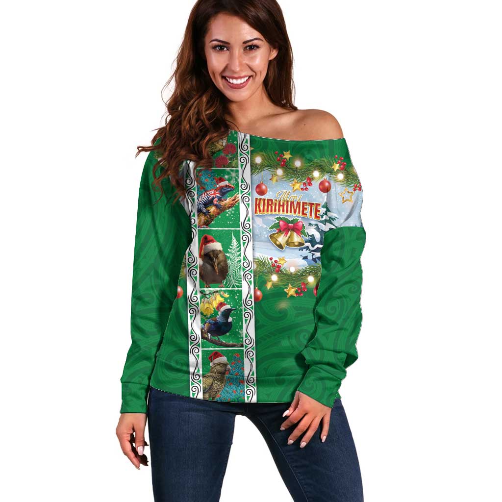 New Zealand Merry Christmas Off Shoulder Sweater Maori Animals, Koru Tattoo - Green Xmas Style