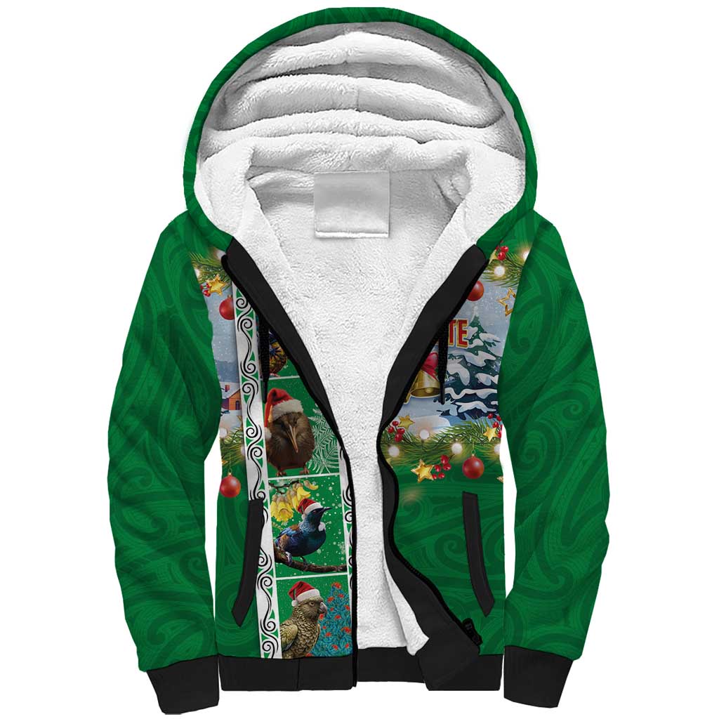 New Zealand Merry Christmas Sherpa Hoodie Maori Animals, Koru Tattoo - Green Xmas Style