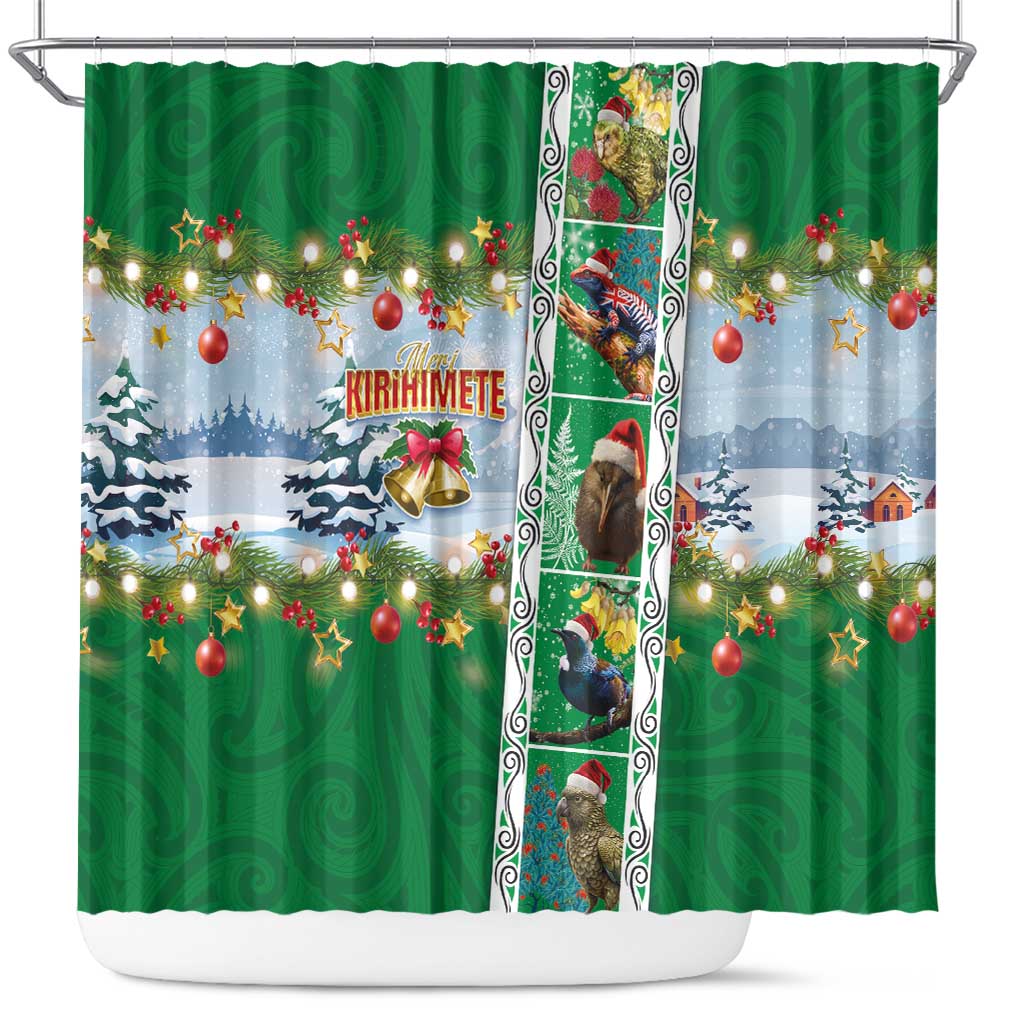 New Zealand Merry Christmas Shower Curtain Maori Animals, Koru Tattoo - Green Xmas Style