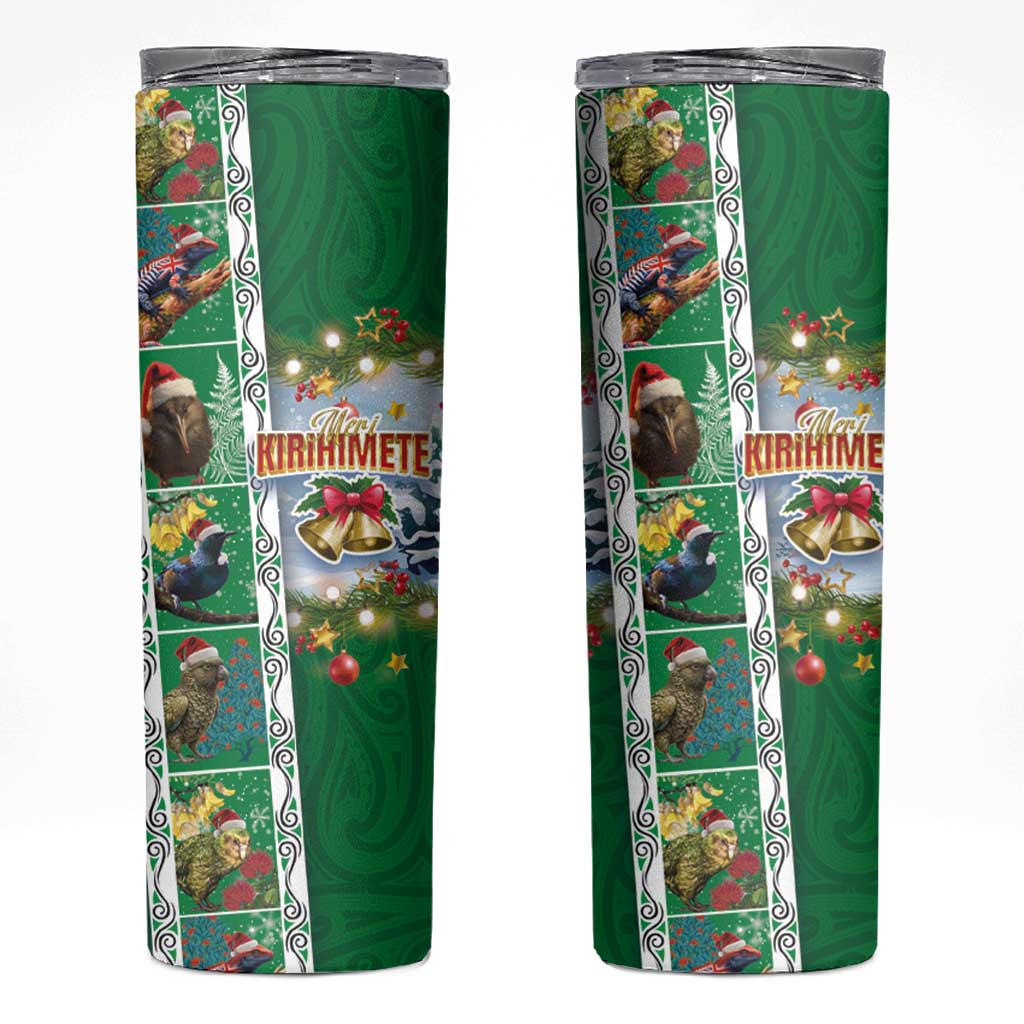 New Zealand Merry Christmas Skinny Tumbler Maori Animals Xmas Style and Koru Tattoo Green Color LT03 Green - Polynesian Pride