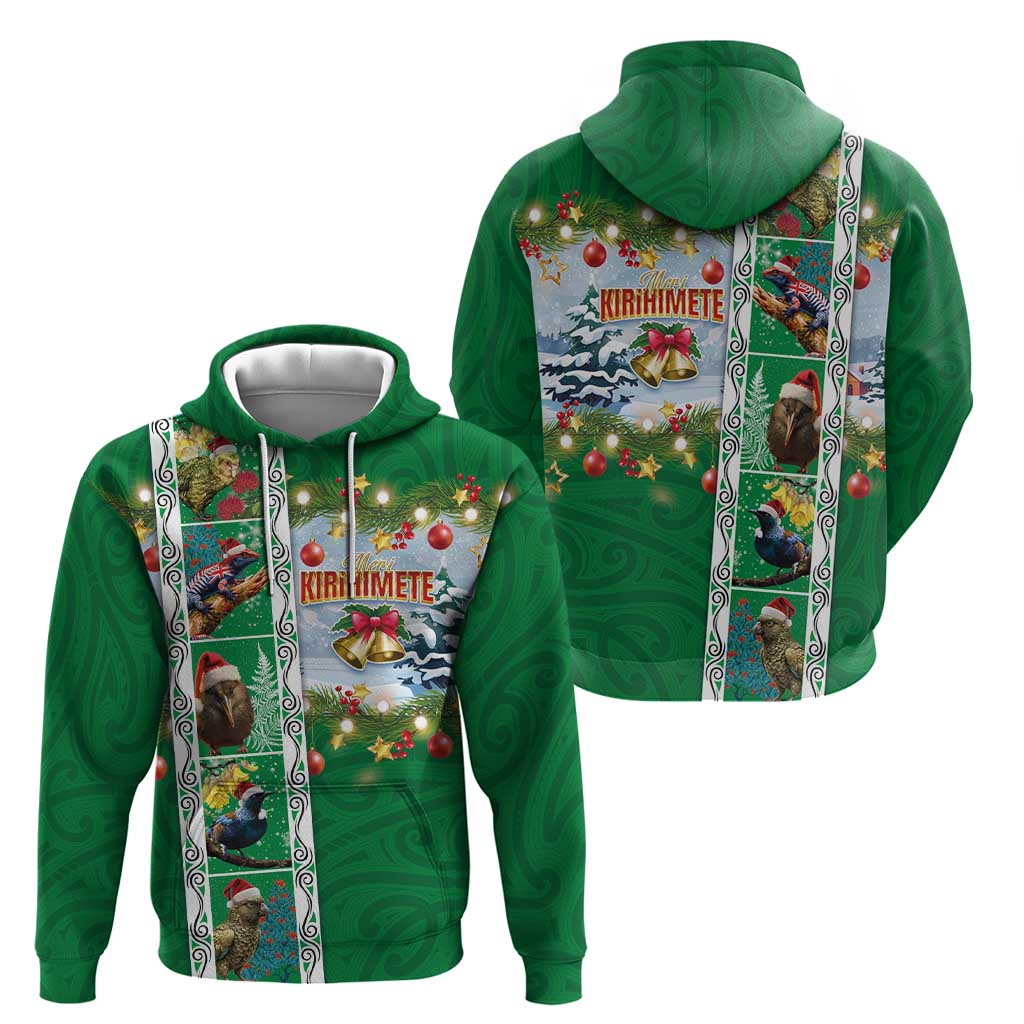New Zealand Merry Christmas Zip Hoodie Maori Animals, Koru Tattoo - Green Xmas Style